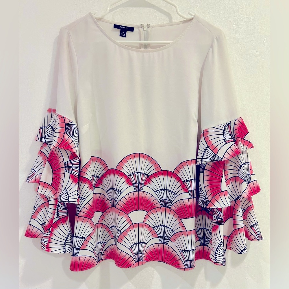 Alfani Tired Sleeve Zip Up Pattern Blouse